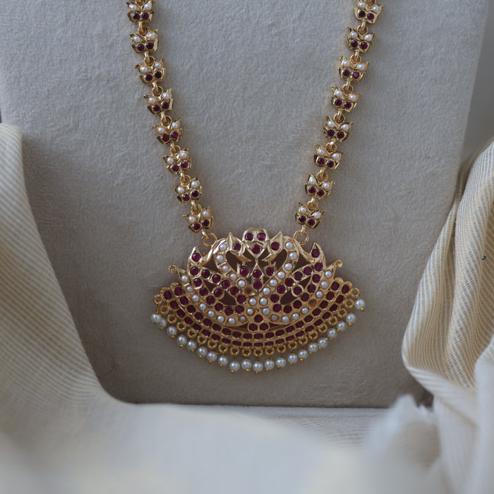 Heritage gold plated ruby pearl padakam long necklace HP0122