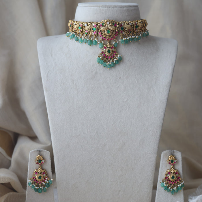 Antique kemp stone ruby green bead choker necklace with earrings CCB27833