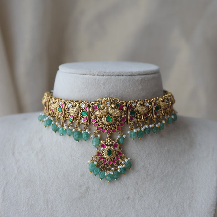 Antique kemp stone ruby green bead choker necklace with earrings CCB27833