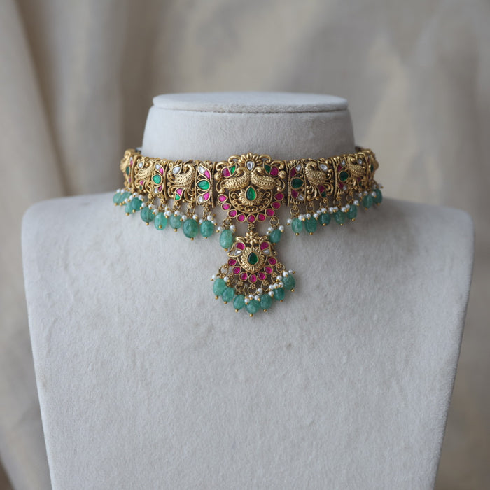 Antique kemp stone ruby green bead choker necklace with earrings CCB27833