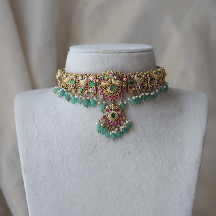 Antique kemp stone ruby green bead choker necklace with earrings CCB27833