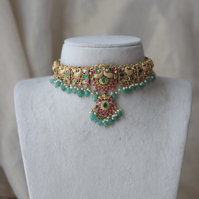 Antique kemp stone ruby green bead choker necklace with earrings CCB27833