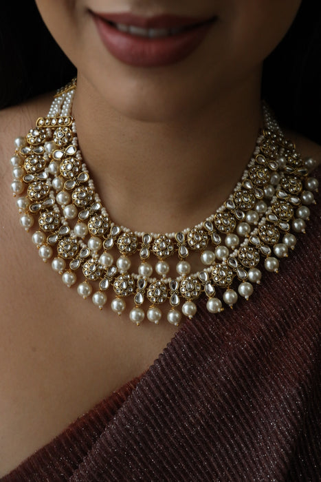 Trendy white beads short necklace with earrings and tikka 23492765