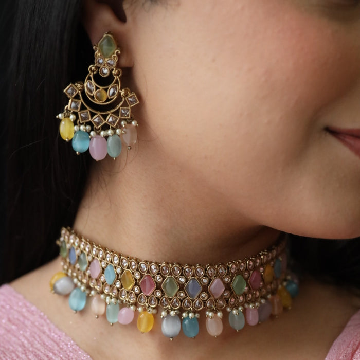 Trendy bead choker necklace with earrings and tikka 2381