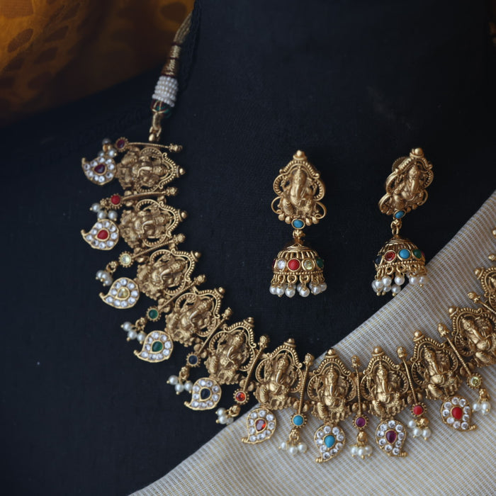 Antique multi stone long necklace with earrings SS11018