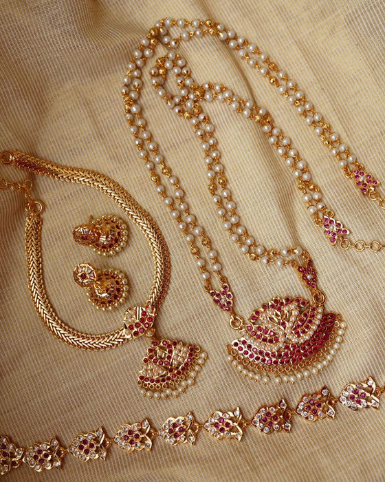 Heritage gold plated ruby white stone padakam necklace set with earrings HP304