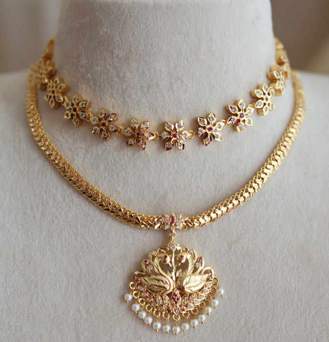 Heritage gold plated ruby white stone short necklace set set H690