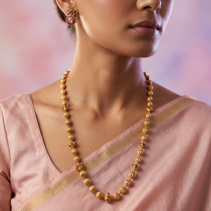 Antique golden bead long necklace with earrings G564