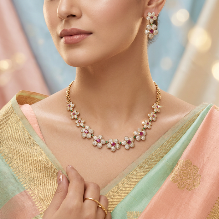 Antique white stone short necklace with earrings and tikka TTS4087