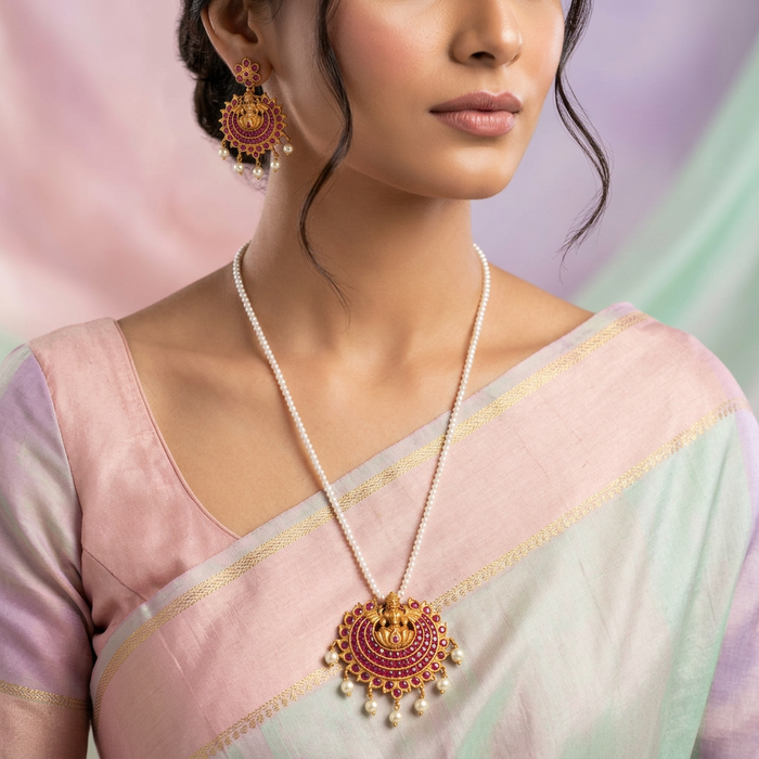 Padmini pearl antique necklace with earrings and tikka PAD342