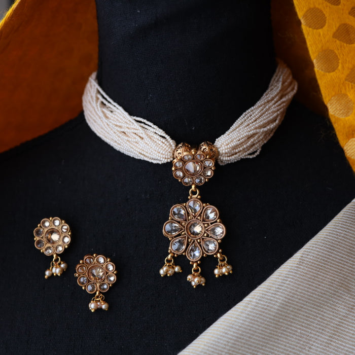 Trendy white bead choker necklace with earrings and tikka BEAD345