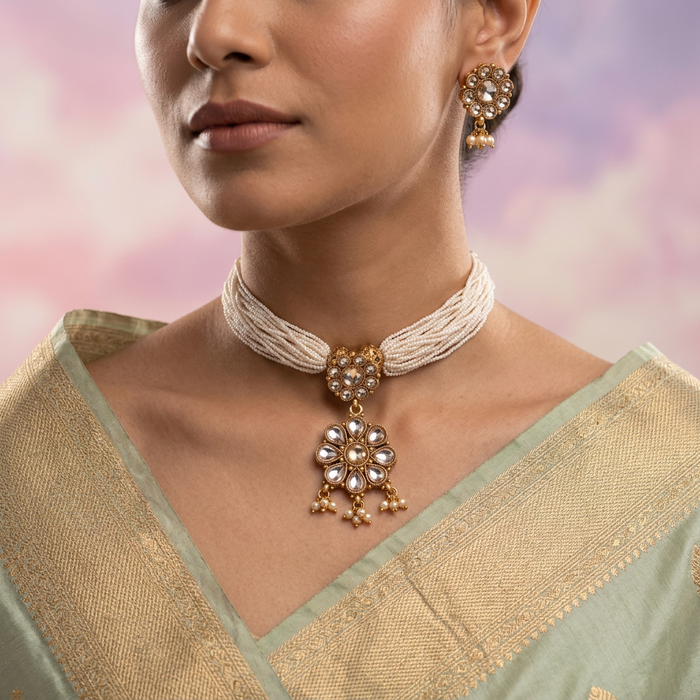 Trendy white bead choker necklace with earrings and tikka BEAD345