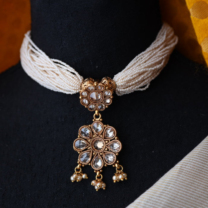 Trendy white bead choker necklace with earrings and tikka BEAD345
