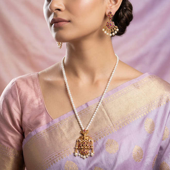 Padmini pearl long necklace with earrings and tikka PAD432