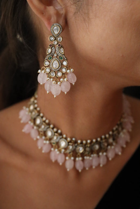 Cz stone pink bead choker necklace and earrings 156962