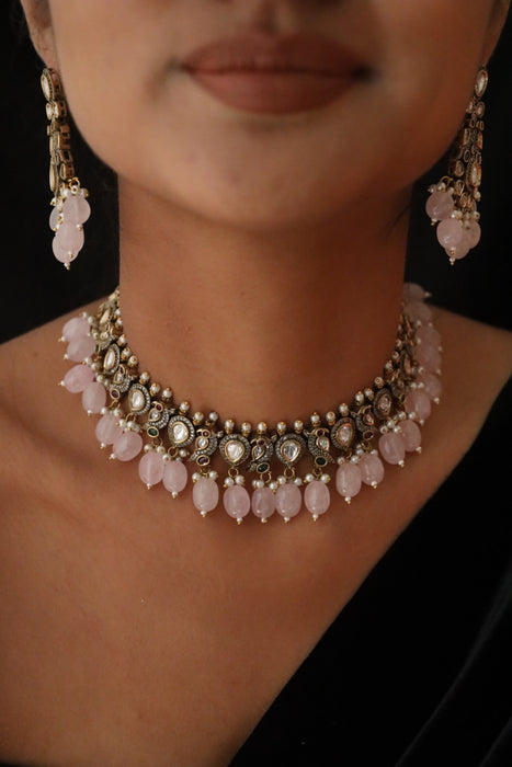Cz stone pink bead choker necklace and earrings 156962