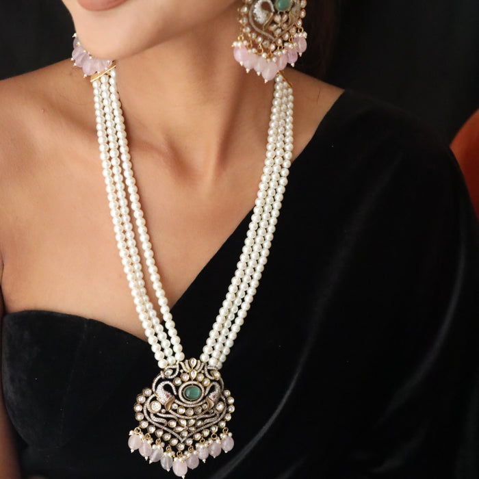 Cz stone pearl long necklace 12462