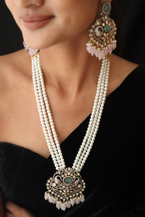 Cz stone pearl long necklace 12462