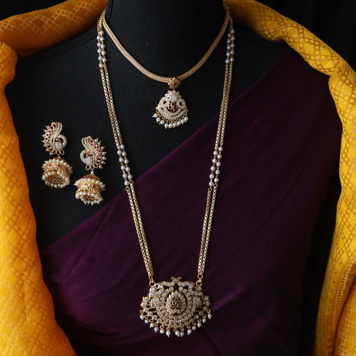 Heritage gold plated ruby stone and pearl padakam necklace with earrings 1233444