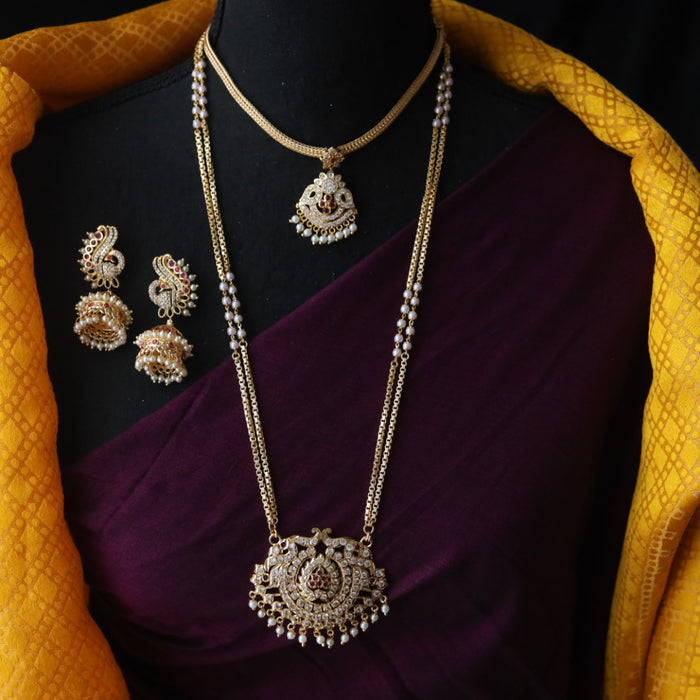 Heritage gold plated ruby stone and pearl padakam necklace with earrings 1233444