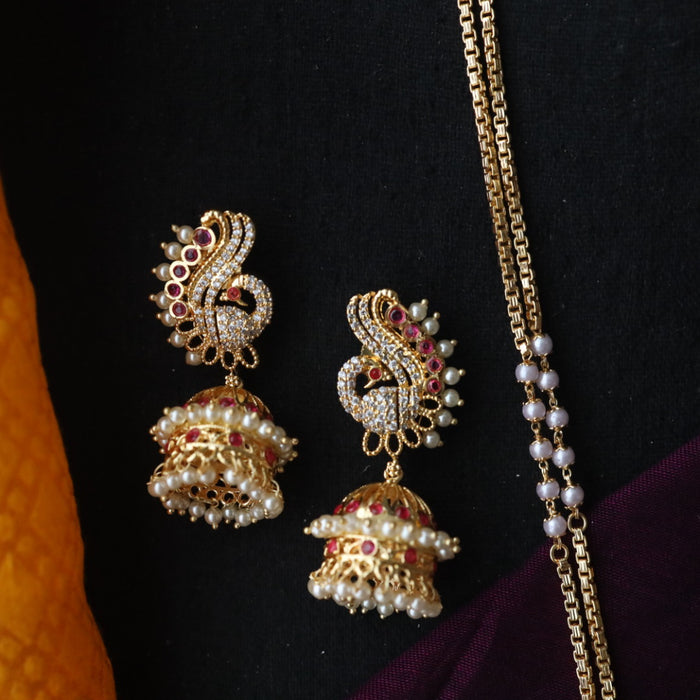 Heritage gold plated ruby stone and pearl padakam necklace with earrings 1233444