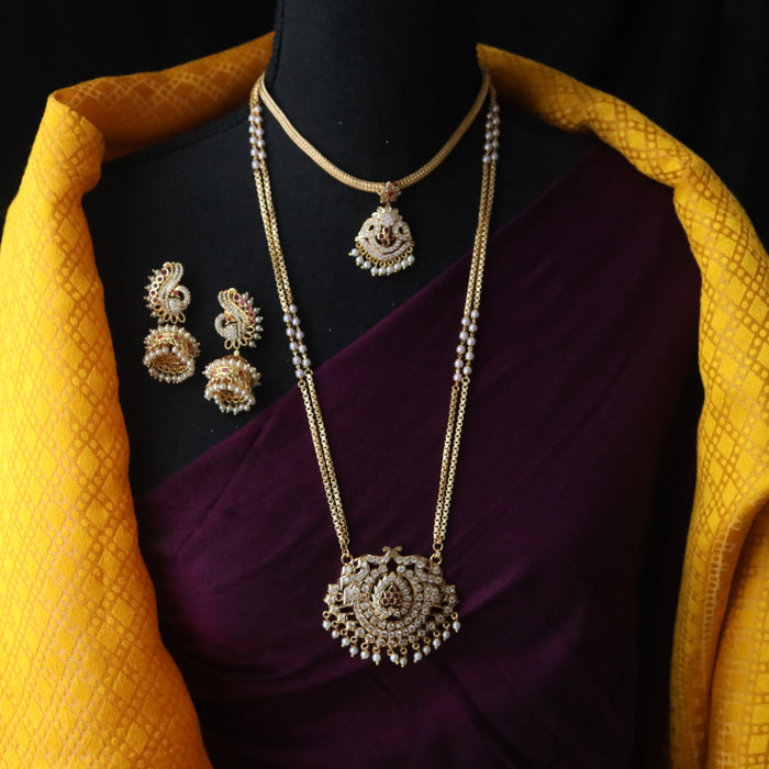 Heritage gold plated ruby stone and pearl padakam necklace with earrings 1233444