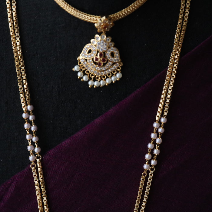 Heritage gold plated ruby stone and pearl padakam necklace with earrings 1233444