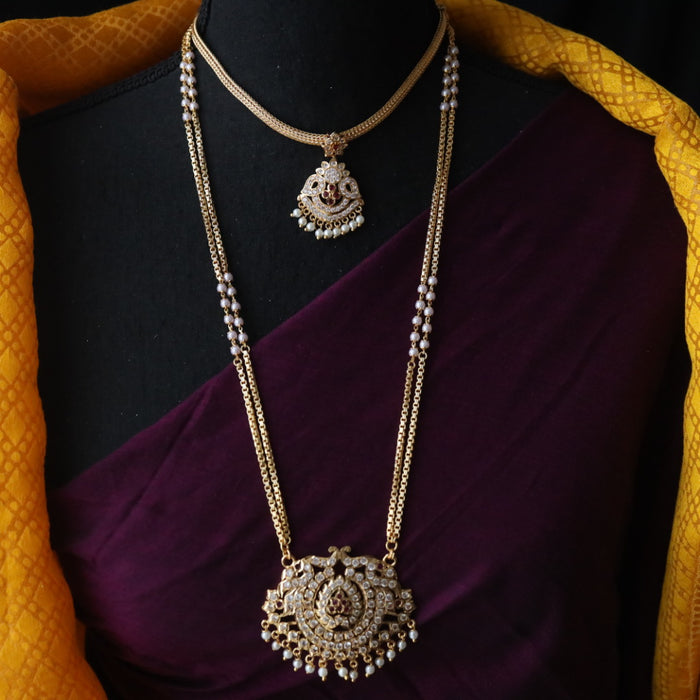 Heritage gold plated ruby stone and pearl padakam necklace with earrings 1233444