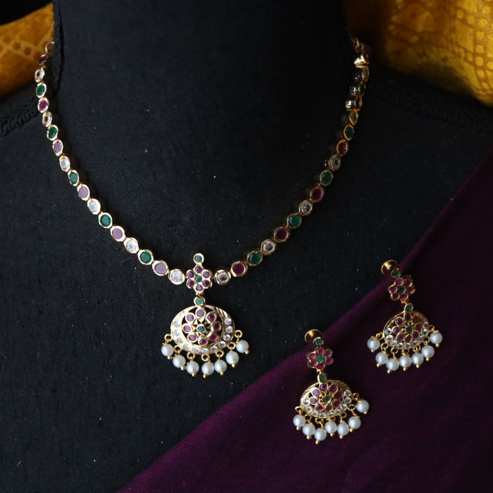 Heritage gold plated ruby green stone and pearl short necklace with earrings 1233443