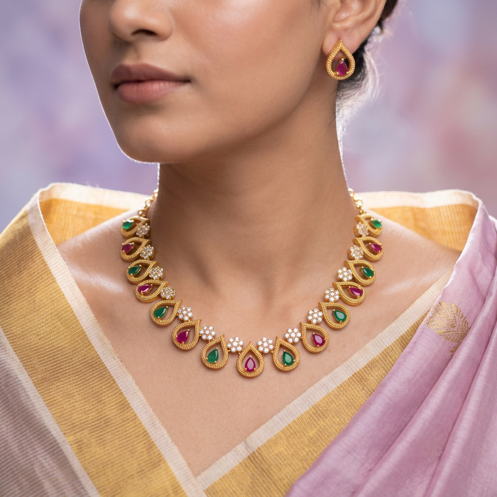 Heritage gold plated ruby green white stone short necklace with earrings TTH1098