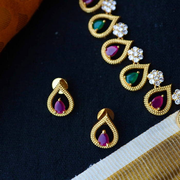 Heritage gold plated ruby green white stone short necklace with earrings TTH1098