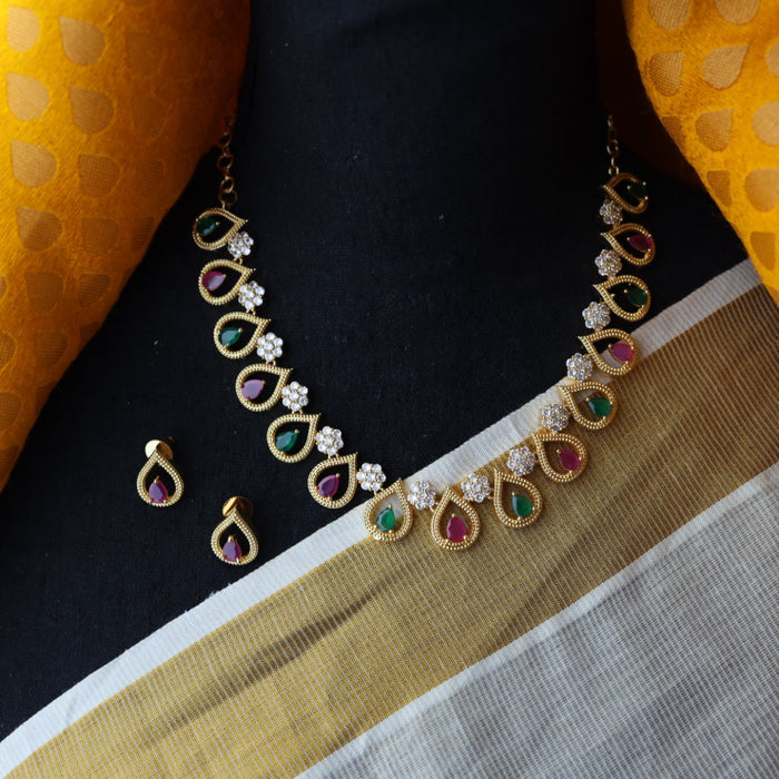 Heritage gold plated ruby green white stone short necklace with earrings TTH1098