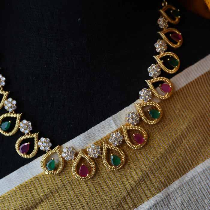 Heritage gold plated ruby green white stone short necklace with earrings TTH1098