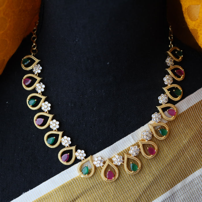 Heritage gold plated ruby green white stone short necklace with earrings TTH1098