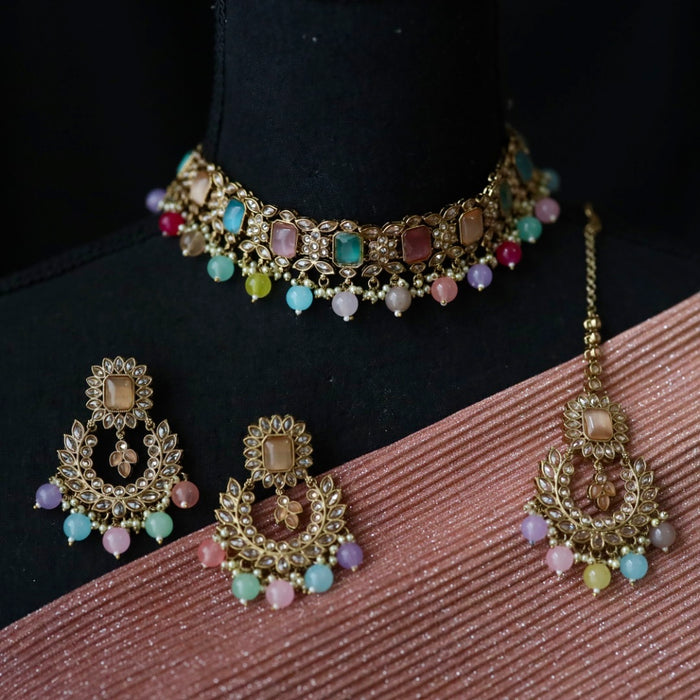 Trendy pink bead choker necklace and earrings 16672