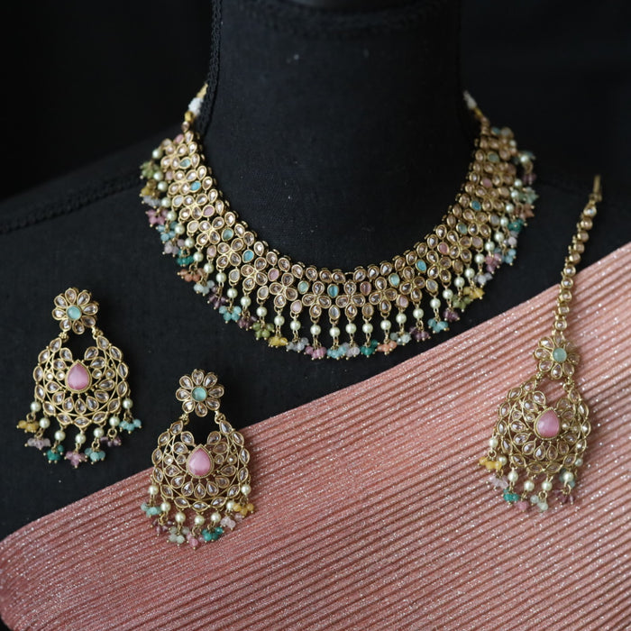 Trendy multi beads short necklace with earrings and tikka 2349276