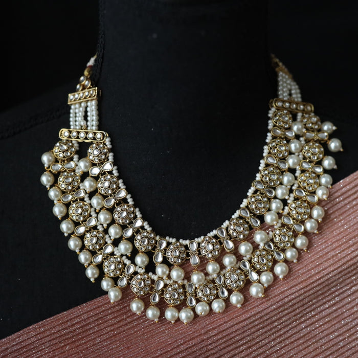 Trendy white beads short necklace with earrings and tikka 23492765