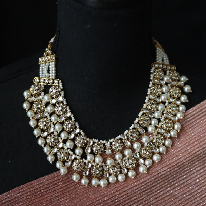 Trendy white beads short necklace with earrings and tikka 23492765