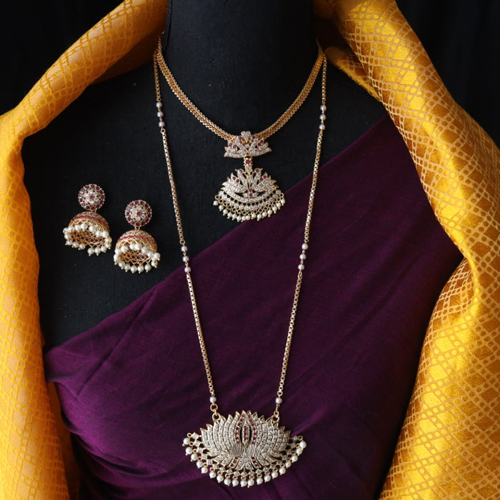 Heritage gold plated ruby white stone and pearl Padakam necklace set with jumka 123645656