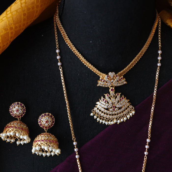 Heritage gold plated ruby white stone and pearl Padakam necklace set with jumka 123645656