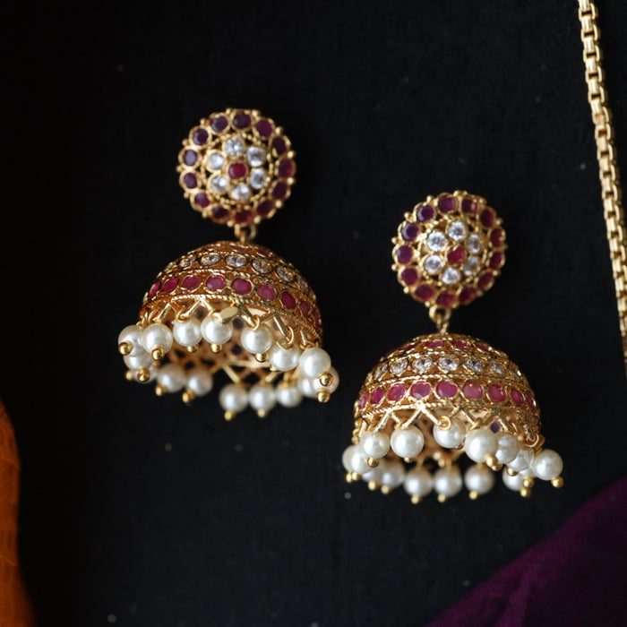 Heritage gold plated ruby white stone and pearl Padakam necklace set with jumka 123645656