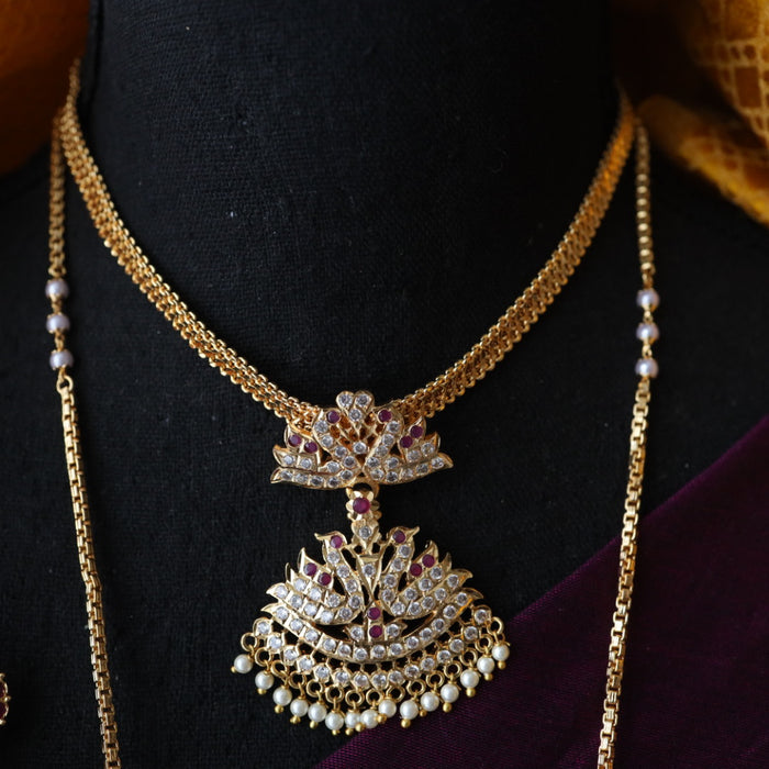 Heritage gold plated ruby white stone and pearl Padakam necklace set with jumka 123645656