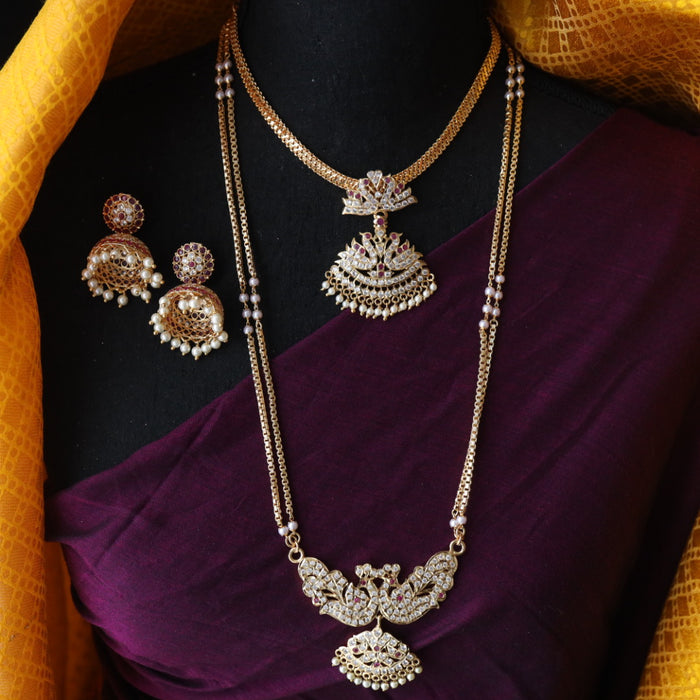 Heritage gold plated ruby white stone and pearl Padakam necklace set with jumka 1234222