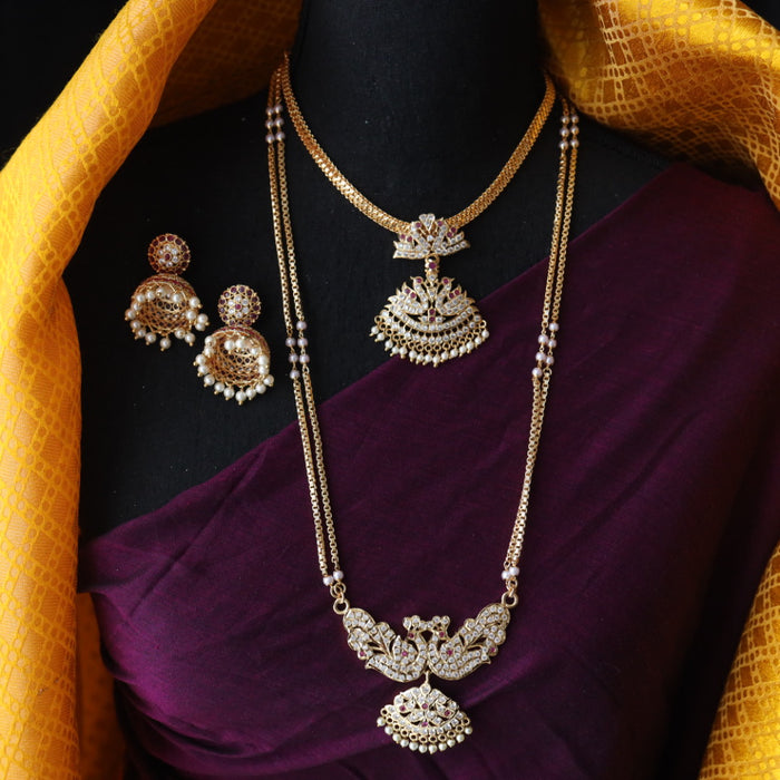 Heritage gold plated ruby white stone and pearl Padakam necklace set with jumka 1234222