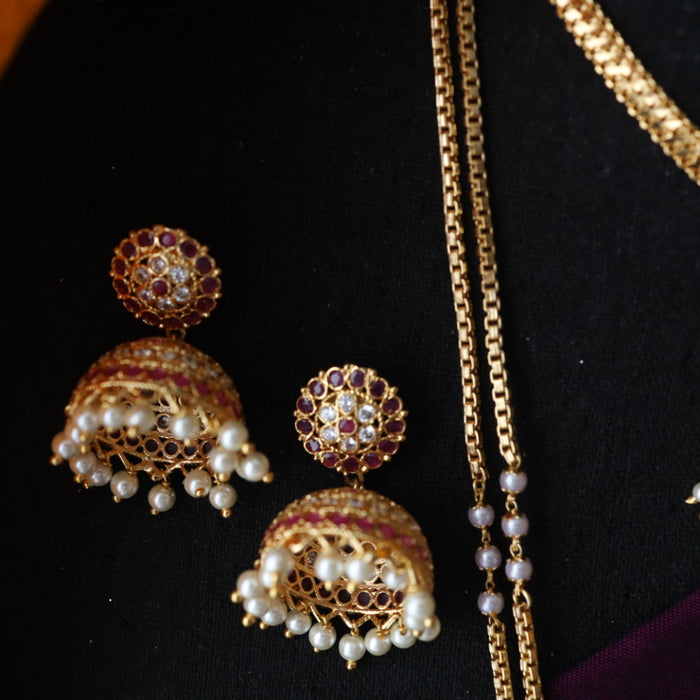 Heritage gold plated ruby white stone and pearl Padakam necklace set with jumka 1234222