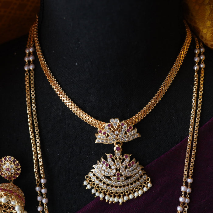 Heritage gold plated ruby white stone and pearl Padakam necklace set with jumka 1234222