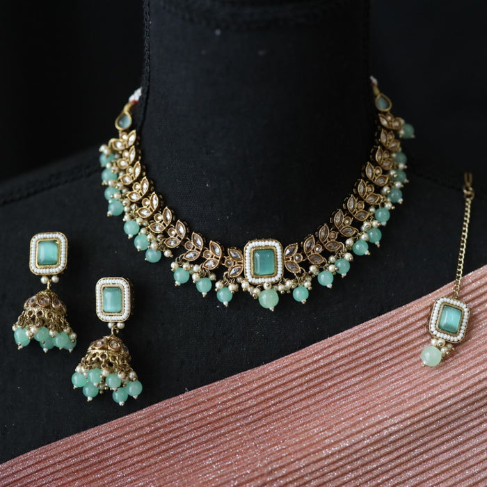 Trendy mint short necklace with earrings and tikka 2378