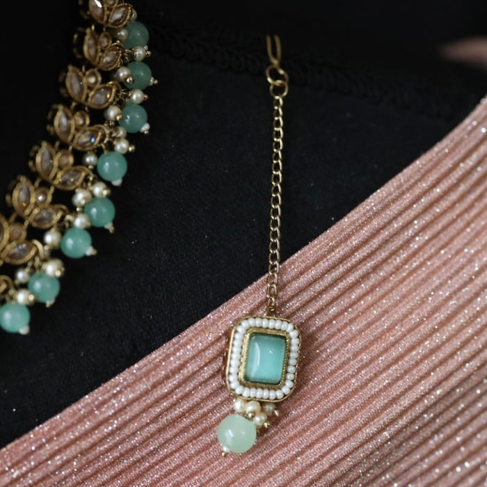 Trendy mint short necklace with earrings and tikka 2378