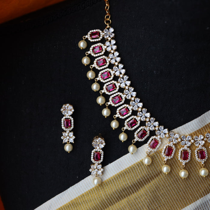 Heritage gold plated ruby white stone and pearl short necklace earrings TTH10129