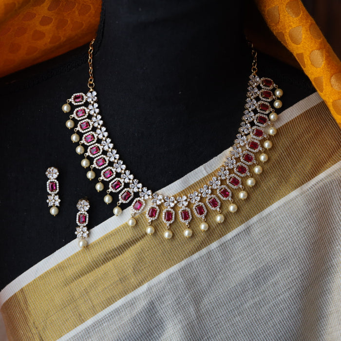 Heritage gold plated ruby white stone and pearl short necklace earrings TTH10129